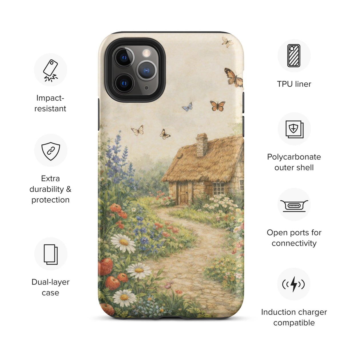 Phone Case with cottage garden art featuring stone cottage, daisies, and path on iPhone-compatible protective shell.
