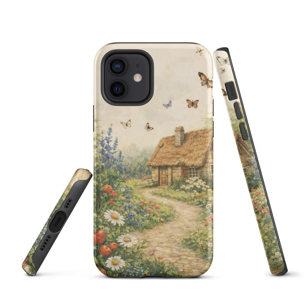 Phone Case for iPhone with cottage garden art featuring a stone cottage, garden flowers, and butterflies on a cream background