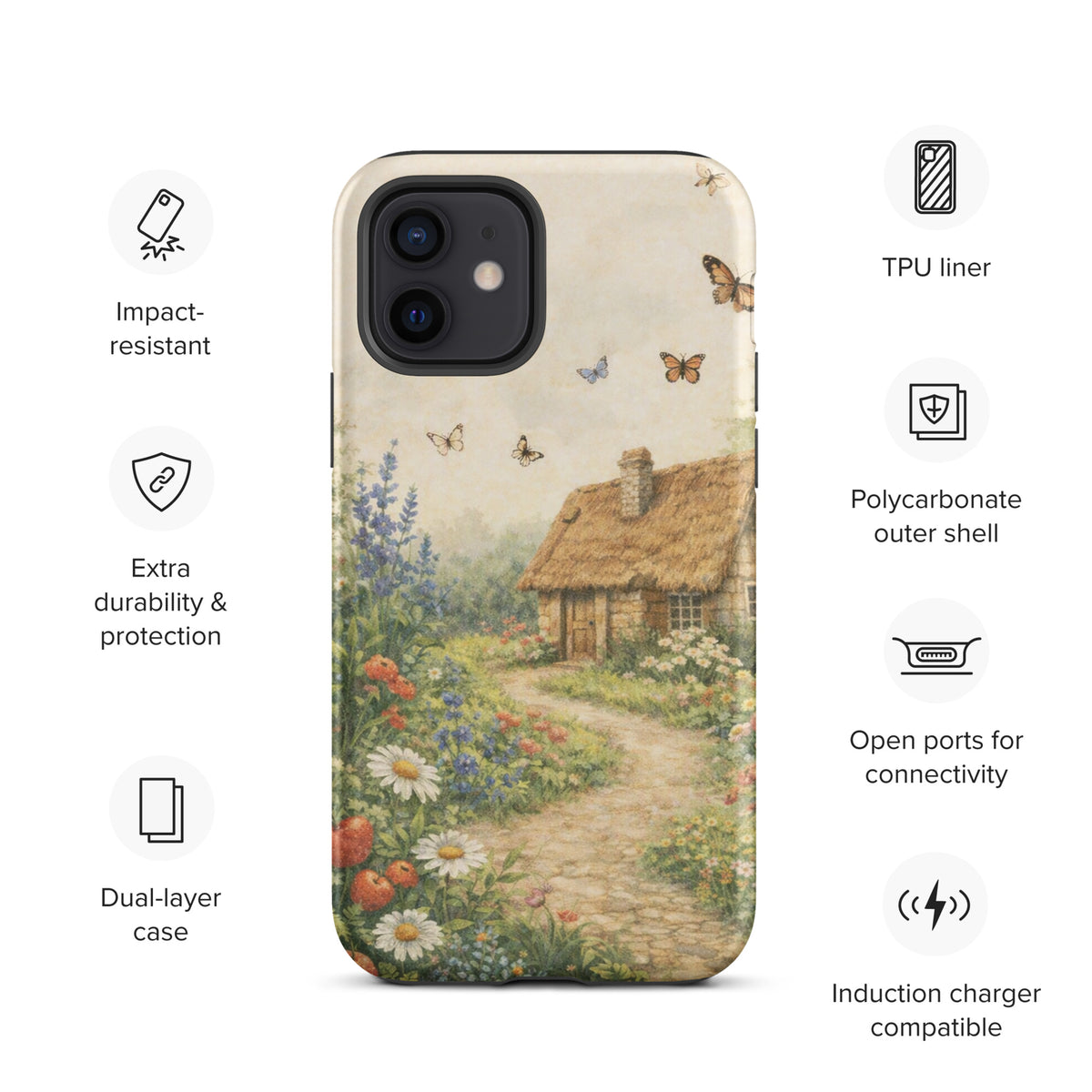 Phone Case featuring cottage garden art with stone cottage, daisies, poppies, and lavender on cream background for iPhone.