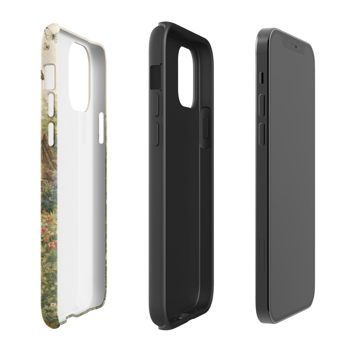 Phone Case for iPhone with cottage garden art design, featuring a thatched-roof stone cottage, path, and vibrant flowers on cream background.