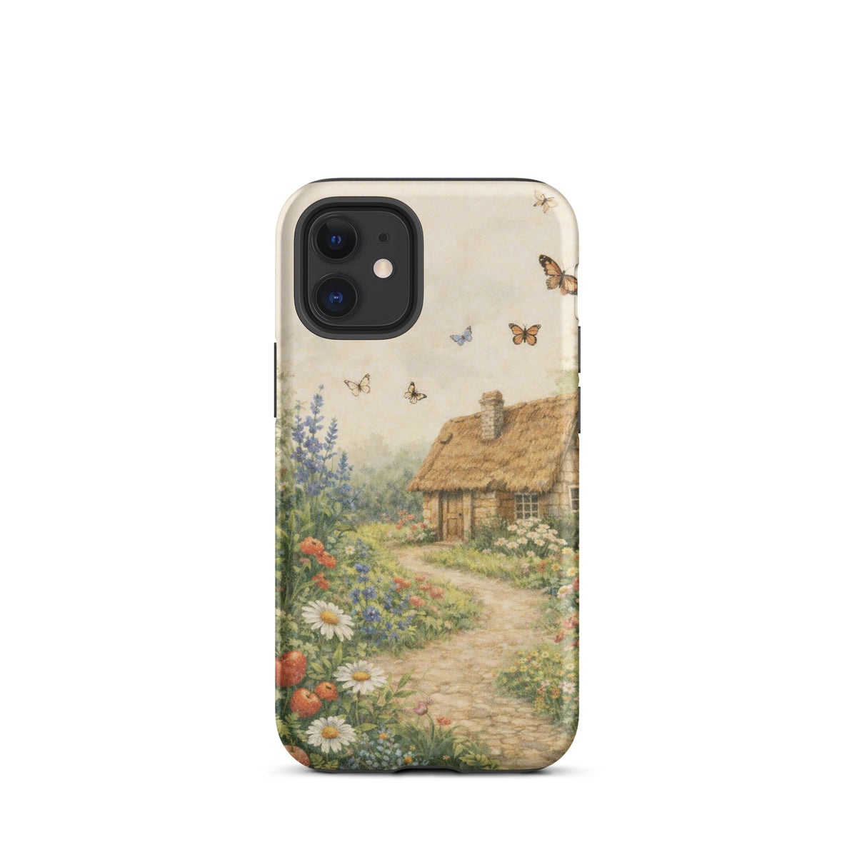 Phone Case for iPhone with cottage garden art featuring a thatched-roof stone cottage, flowers, and butterflies on a cream background.
