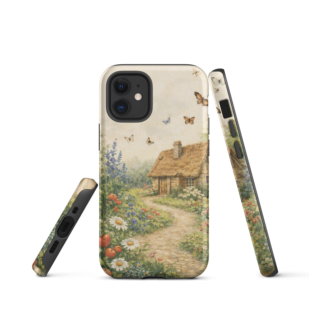 Phone Case for iPhone with cottage garden art showcasing a stone cottage and floral path.