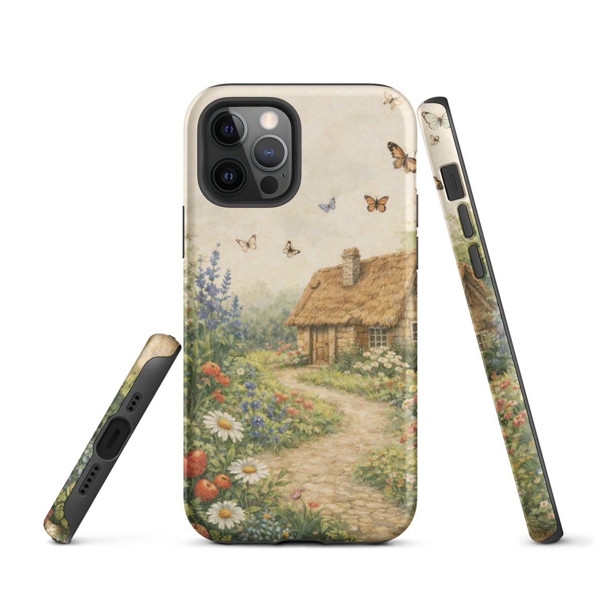 Phone Case for iPhone with cottage garden art design featuring stone cottage and floral path on cream background.