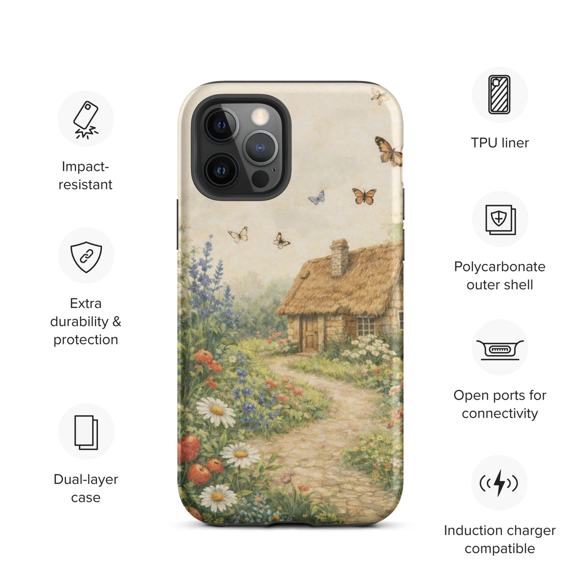 Phone Case for iPhone - Cottage garden art with thatched cottage and floral path design.