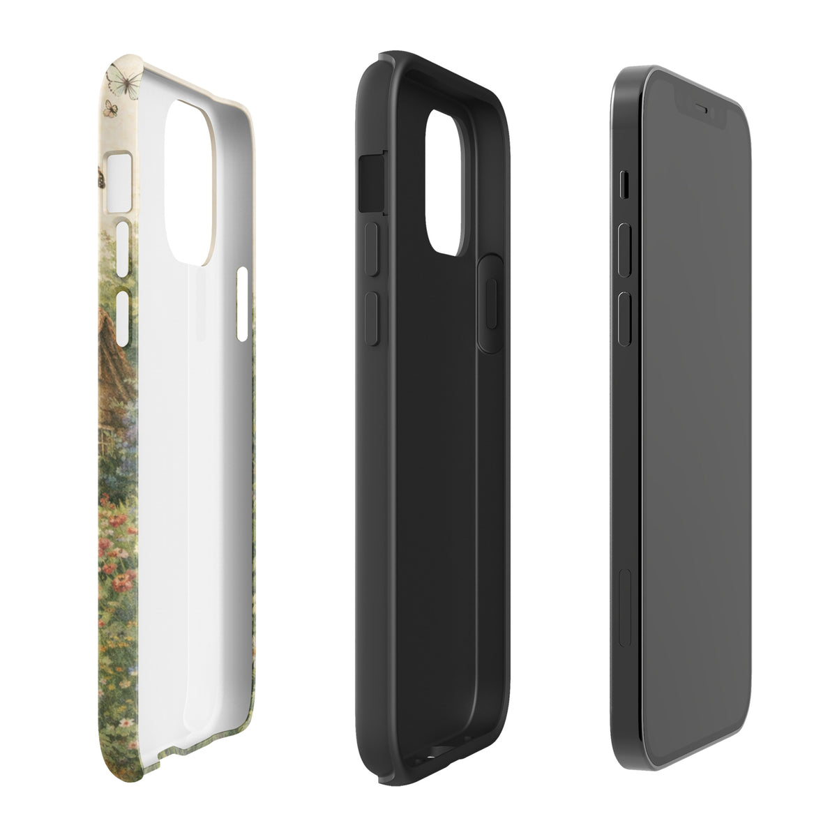 Phone Case for iPhone with cottage garden art featuring a thatched-roof cottage and vibrant garden design, shown from multiple angles.