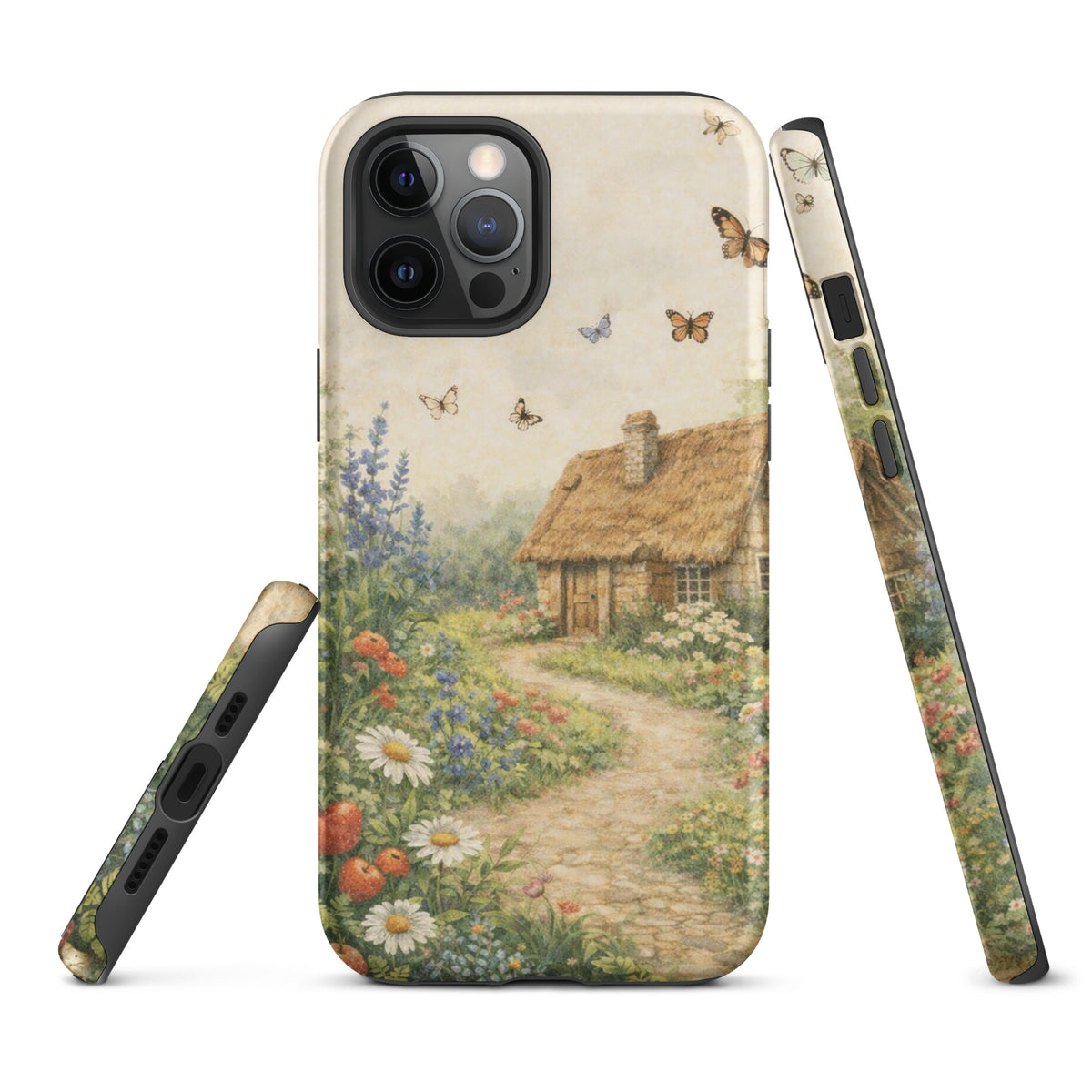 Phone Case for iPhone with cottage garden art design, featuring stone cottage and vibrant flowers on cream background.