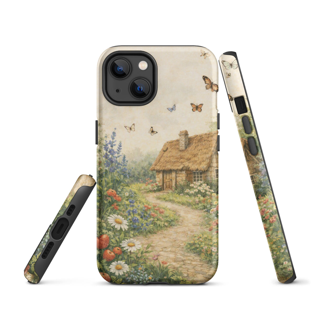 Phone Case featuring cottage garden art with daisies, poppies, and butterflies on iPhone accessory.