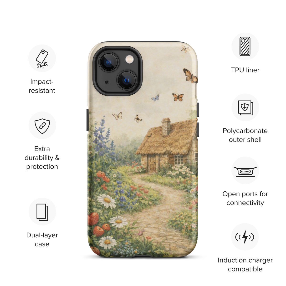 Phone Case for iPhone with cottage garden art, featuring a thatched-roof stone cottage and flower-filled garden design on a cream background.