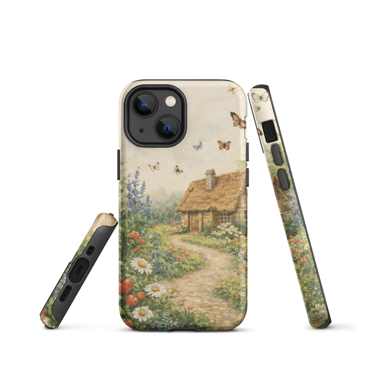 Phone Case for iPhone with cottage garden art design featuring a stone cottage, flowers, and butterflies on cream background.