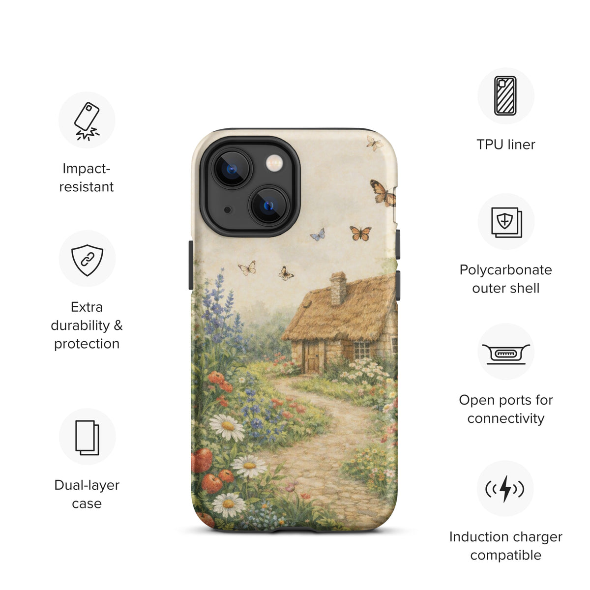 Phone Case for iPhone with cottage garden art design, featuring a charming stone cottage and vibrant garden on a cream background.