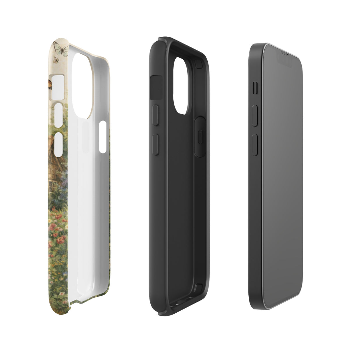 Phone Case for iPhone with cottage garden art design, featuring a stone cottage and lively floral garden on a cream background.