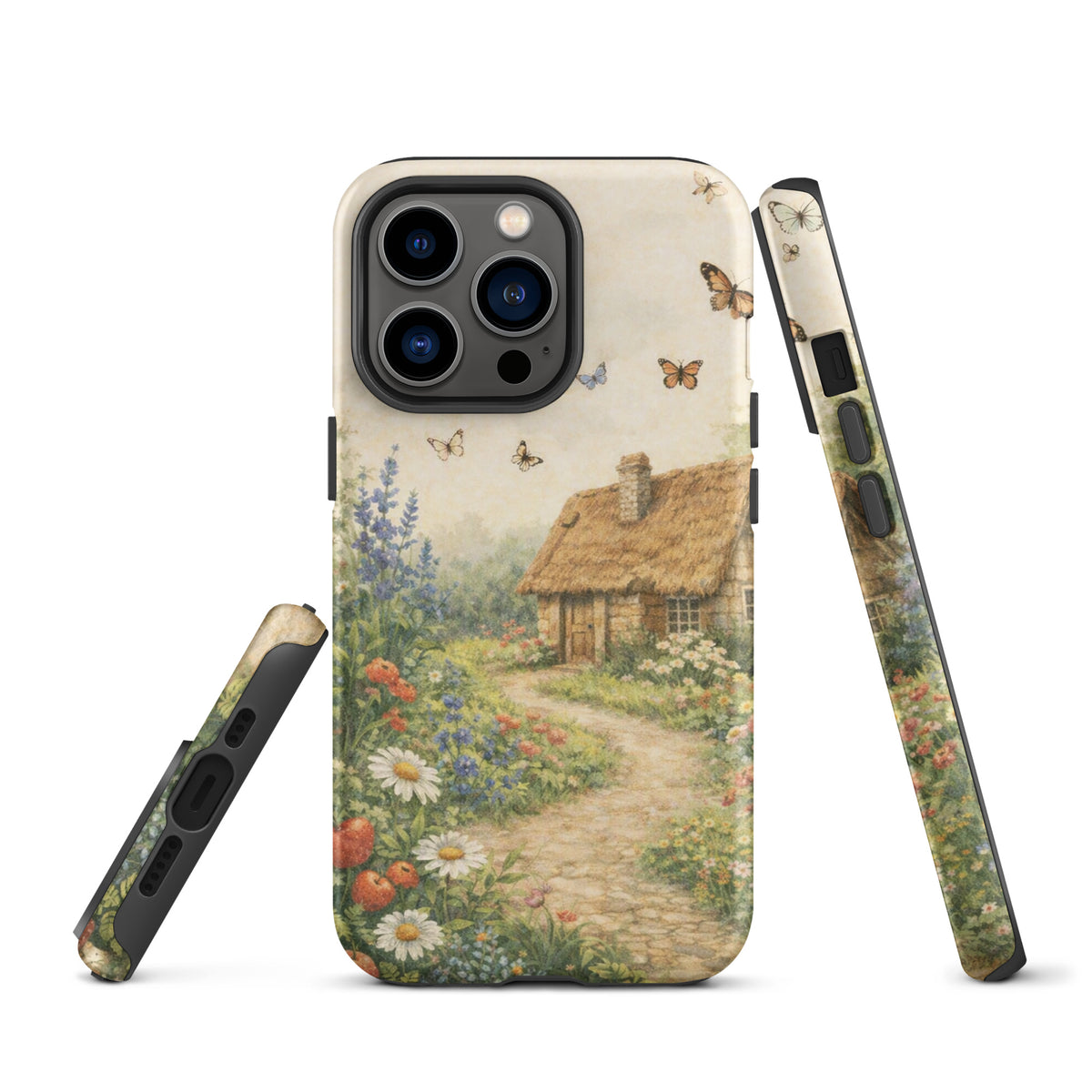 Phone Case with cozy cottage garden art design featuring daisies, poppies, and butterflies for iPhone.