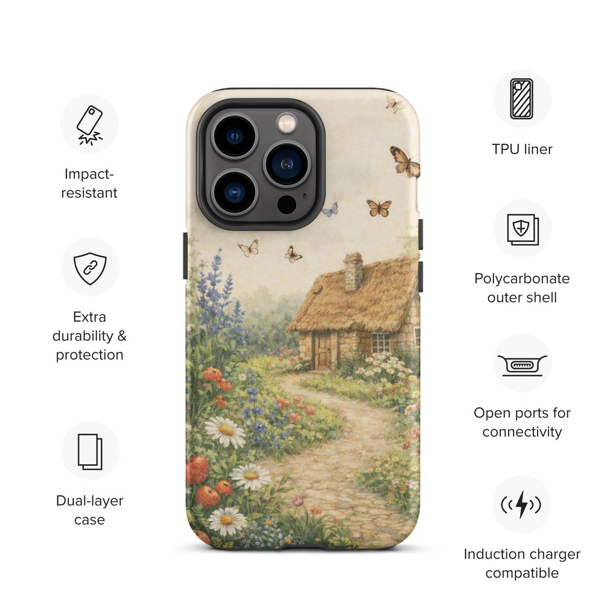 Phone Case with Cottage Garden Art featuring a thatched cottage, vibrant flowers, and butterflies on a cream background for iPhone