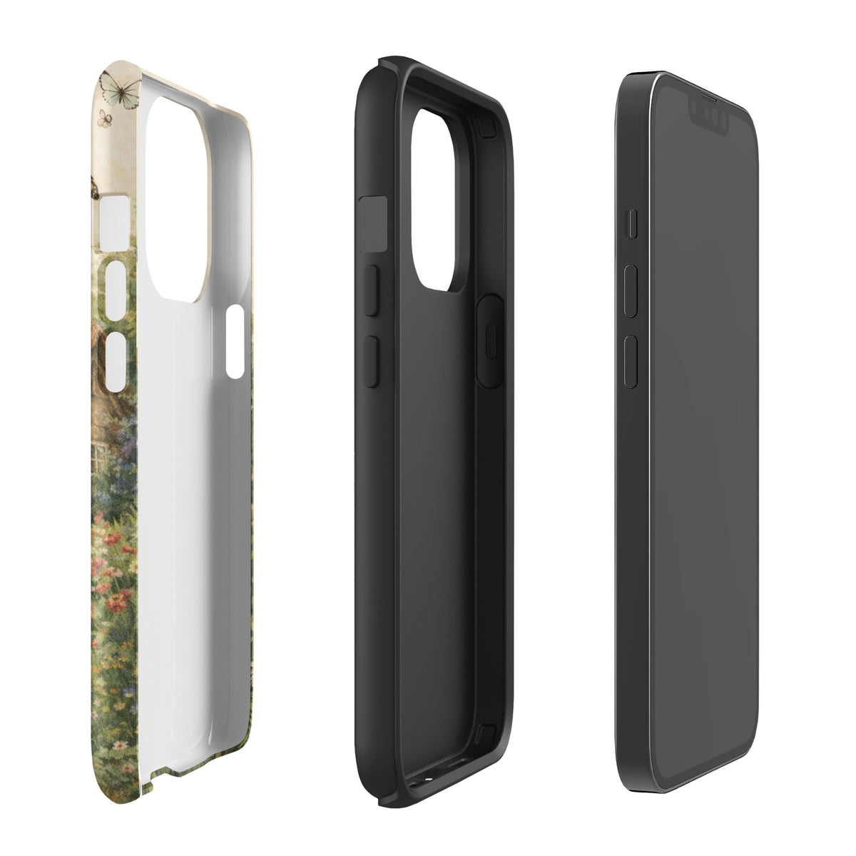 Phone case featuring cottage garden art for iPhone, showcasing a painterly countryside charm with daisies, poppies, and lavender.