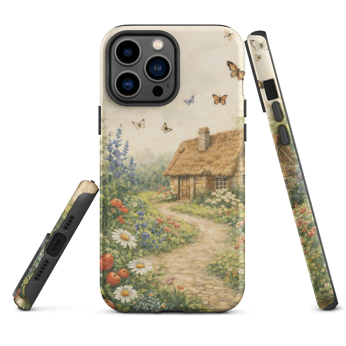 Phone Case for iPhone featuring a thatched cottage and vibrant garden art on a cream background, countryside charm design.