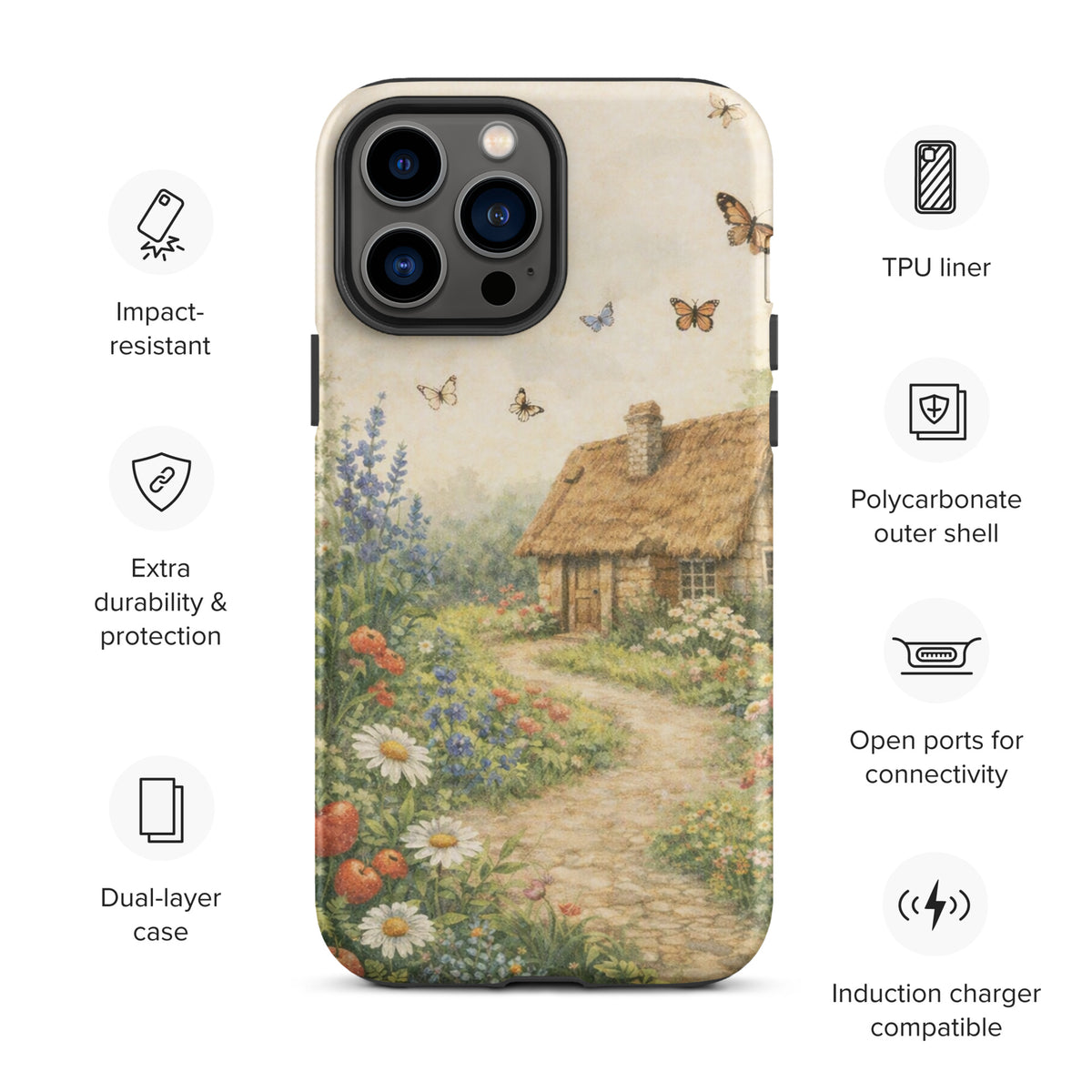 Phone Case for iPhone with cottage garden art, featuring a thatched-roof stone cottage surrounded by a vibrant flower garden.