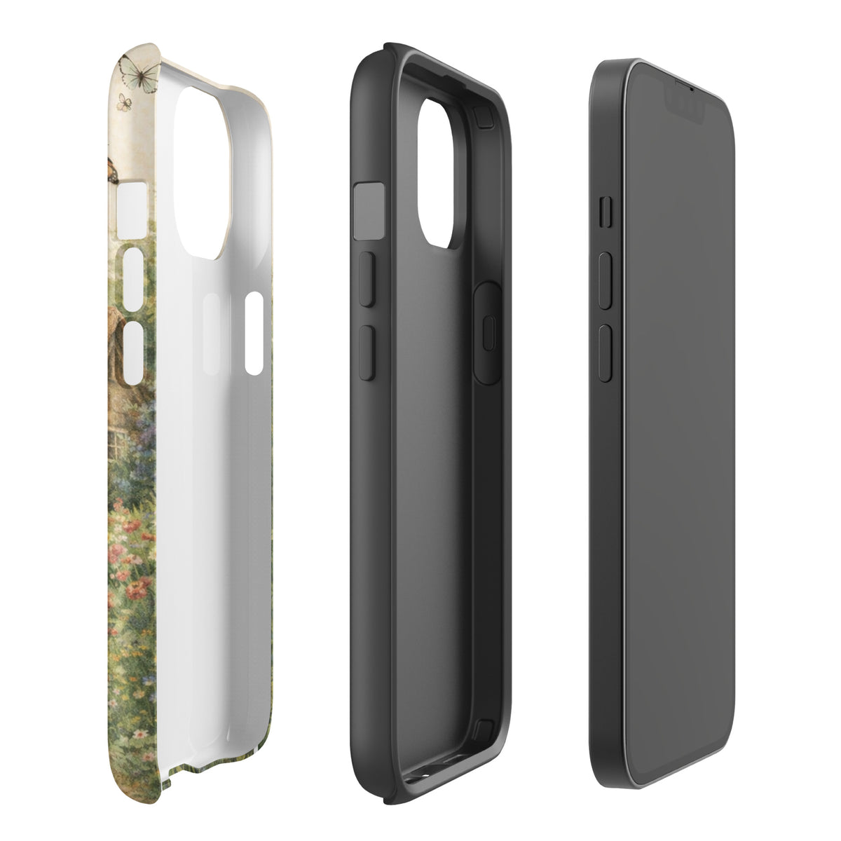 Phone Case for iPhone with cottage garden art design in three different views