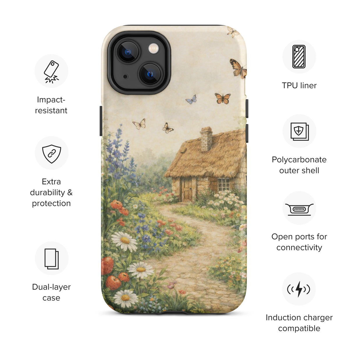 Phone Case with cottage garden art design featuring a thatched-roof stone cottage, daisies, and lavender on a cream background.