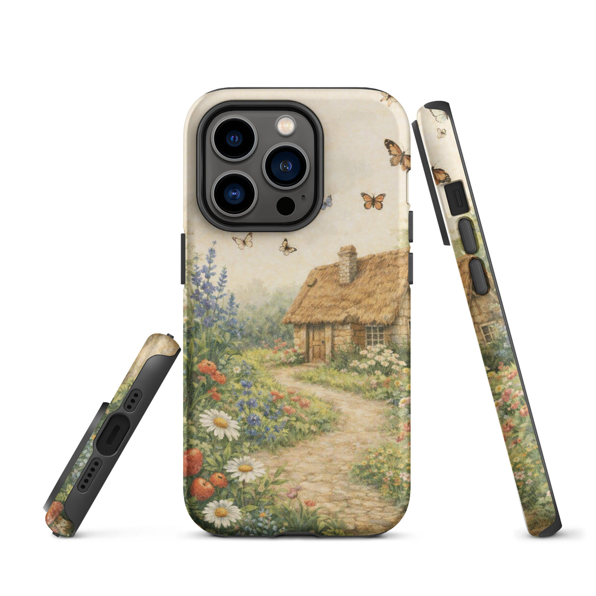Phone Case featuring a charming cottage garden design for iPhone, showcasing a cozy thatched-roof cottage and colorful flowers.