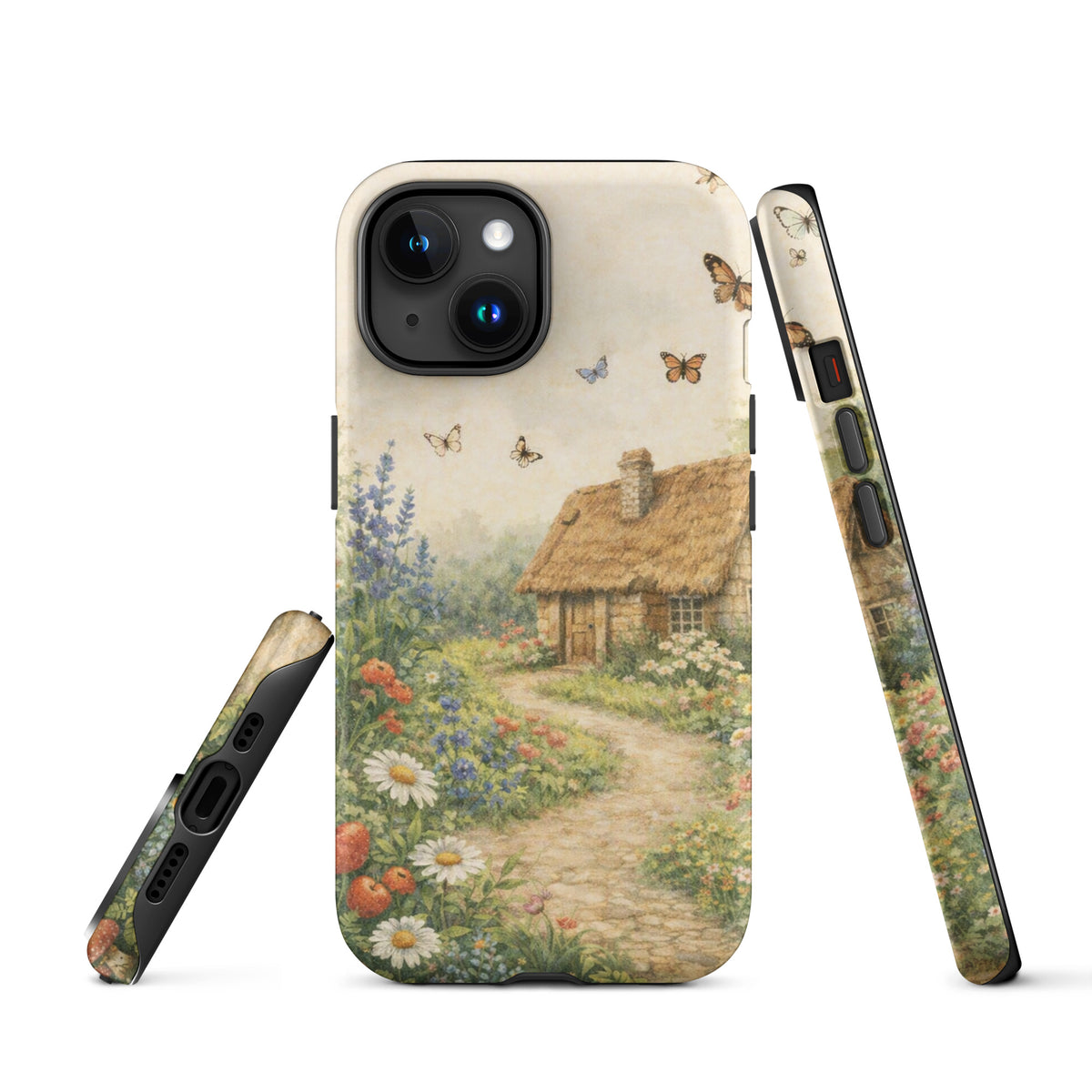 Phone Case for iPhone featuring a cottage garden art with a thatched-roof house and floral design on cream background.