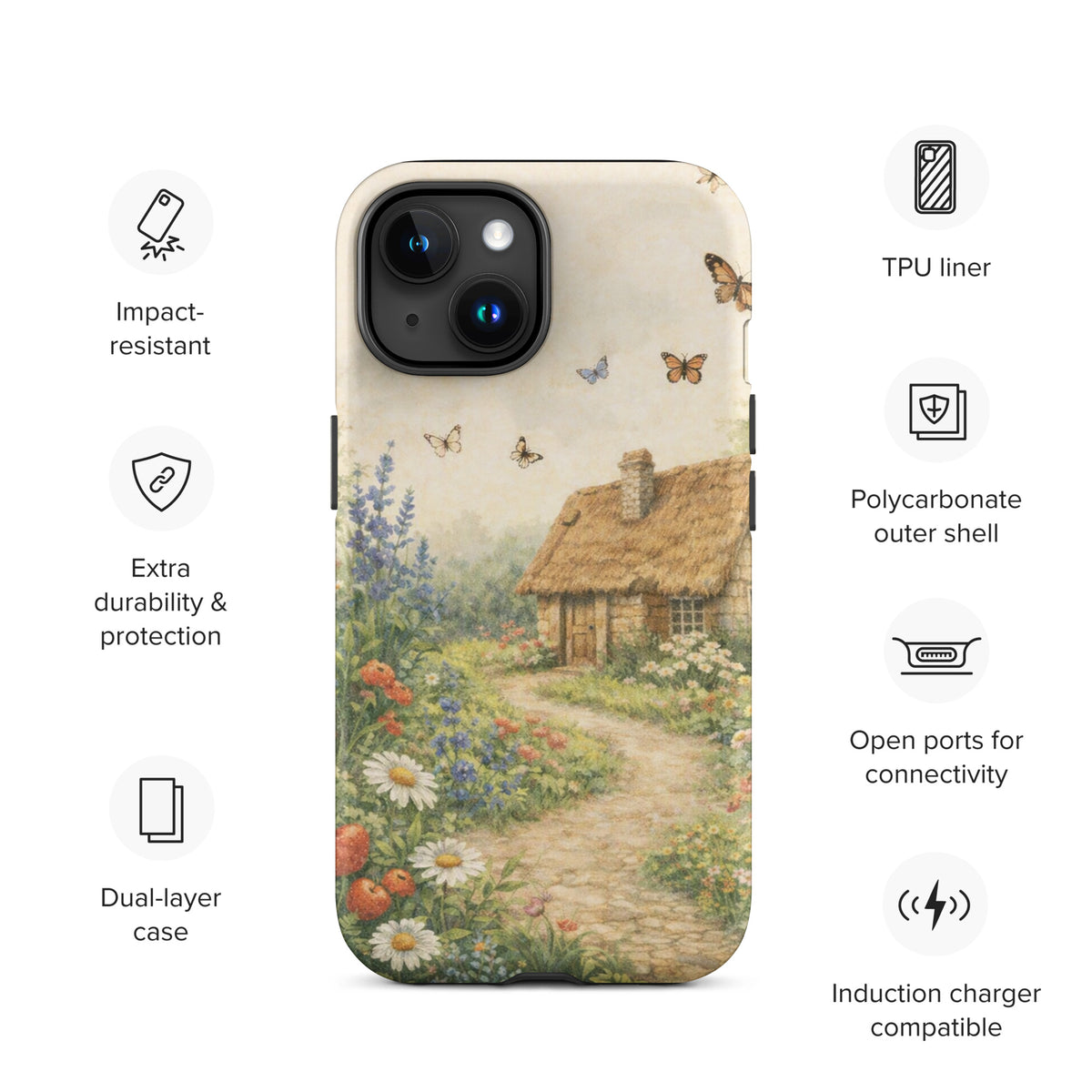 Phone Case for iPhone with cottage garden art, featuring a stone cottage and vibrant flowers on a cream background.