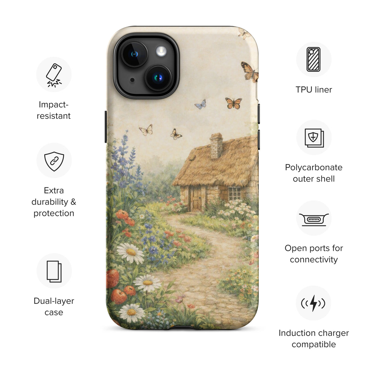 Phone Case for iPhone with cottage garden art featuring a thatched-roof stone cottage and garden, perfect for countryside charm lovers.