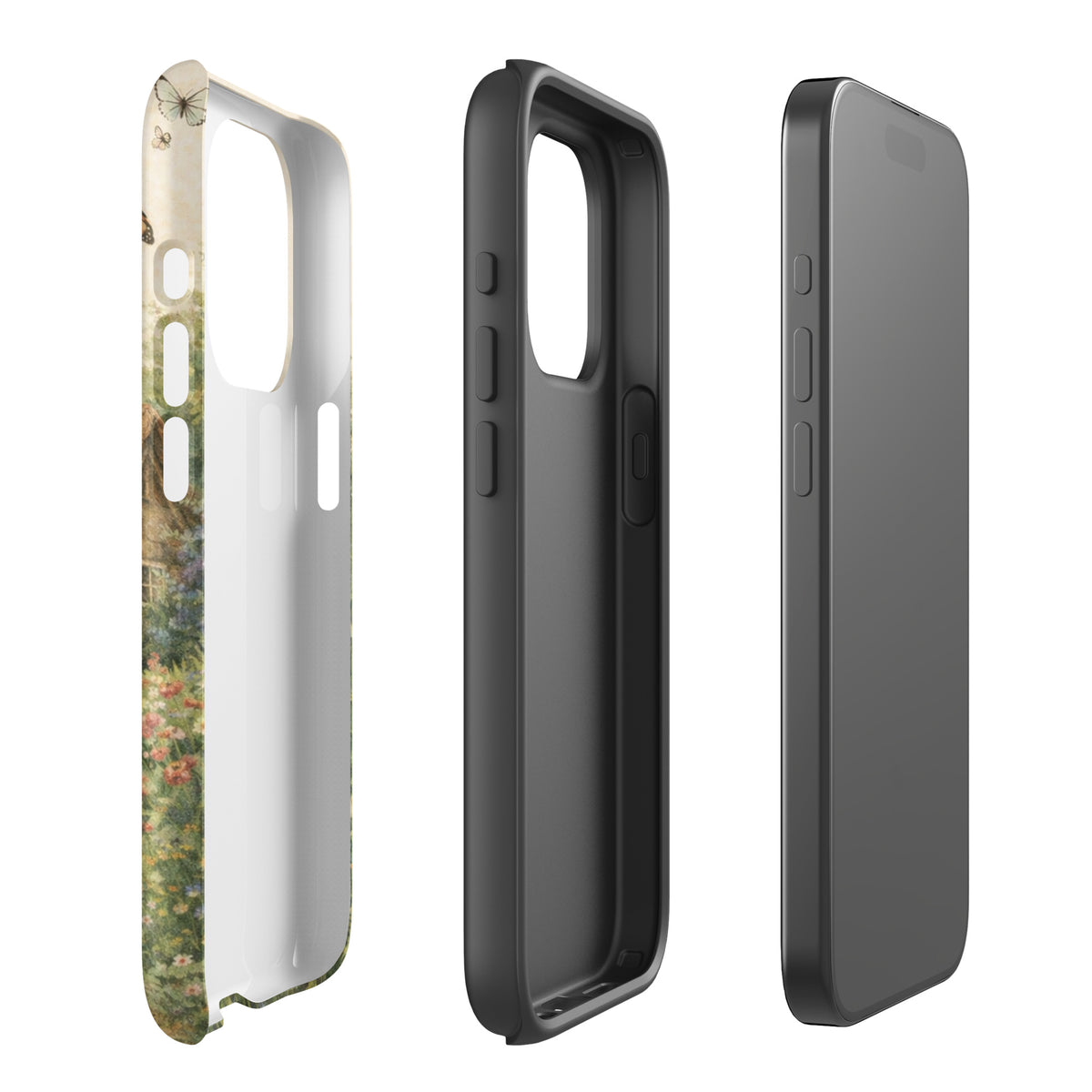 Phone Case for iPhone featuring a cottage garden art design with a thatched roof cottage on a cream background.