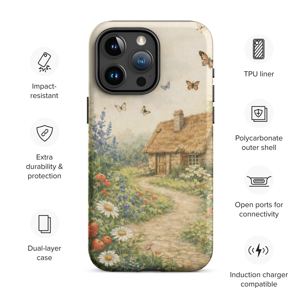 Phone Case for iPhone with cottage garden art, featuring a thatched-roof cottage and floral garden on a cream background.