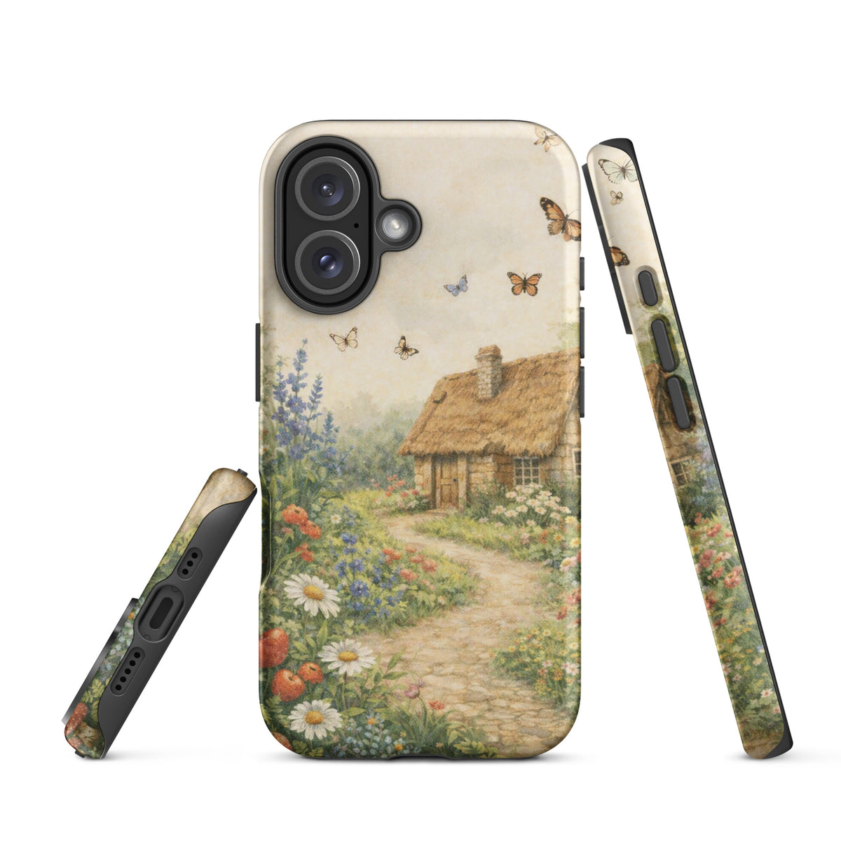 Phone Case for iPhone with cottage garden art design, featuring a cozy stone cottage and a vibrant garden with daisies and poppies.
