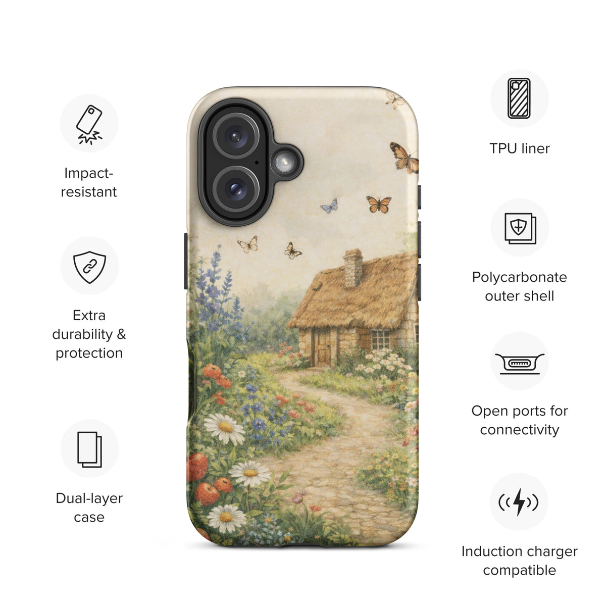 Phone Case for iPhone featuring cottage garden art with a thatched-roof stone cottage surrounded by flowers on a cream background.