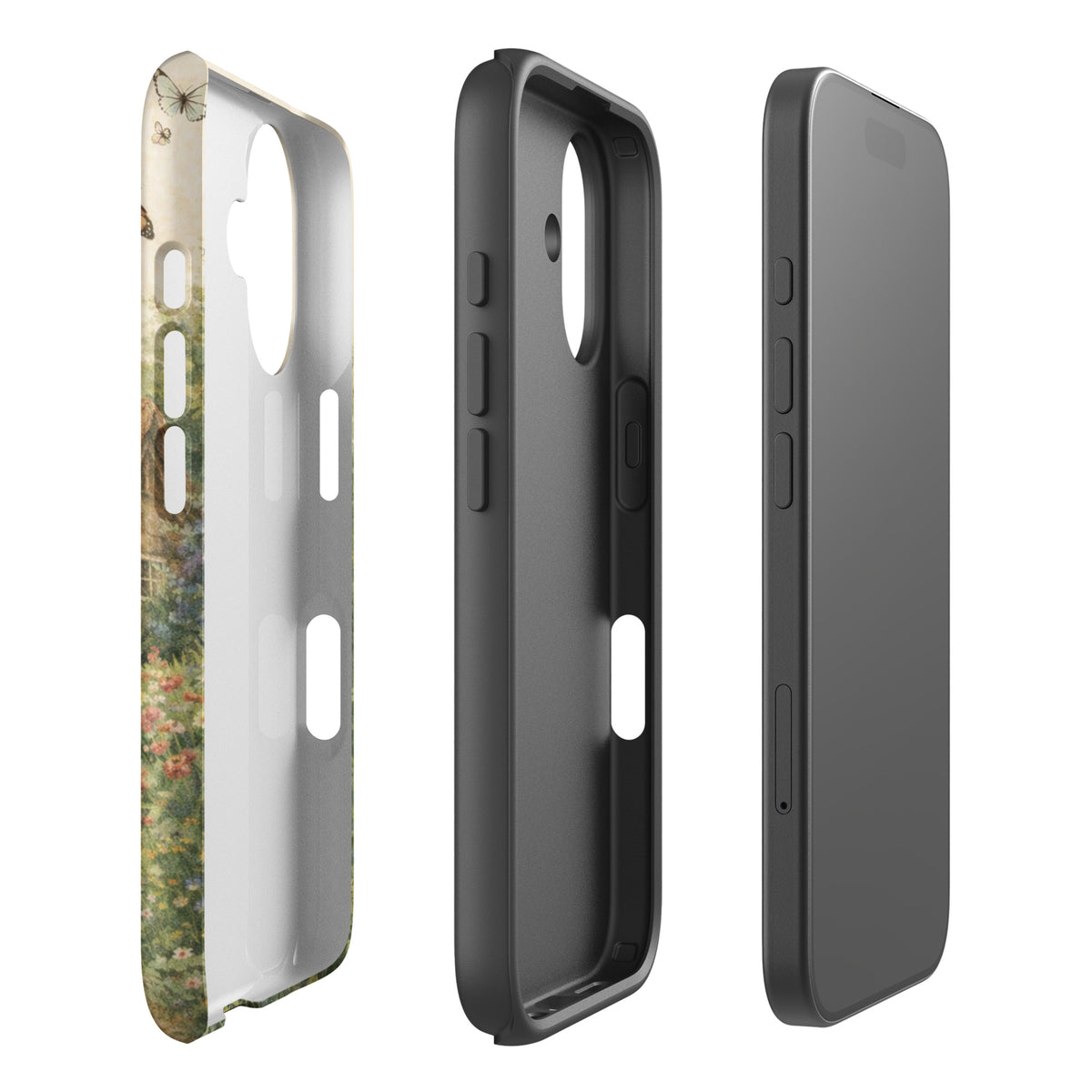 Phone Case for iPhone with cottage garden design featuring a cozy stone cottage, daisies, poppies, and lavender on a cream background.