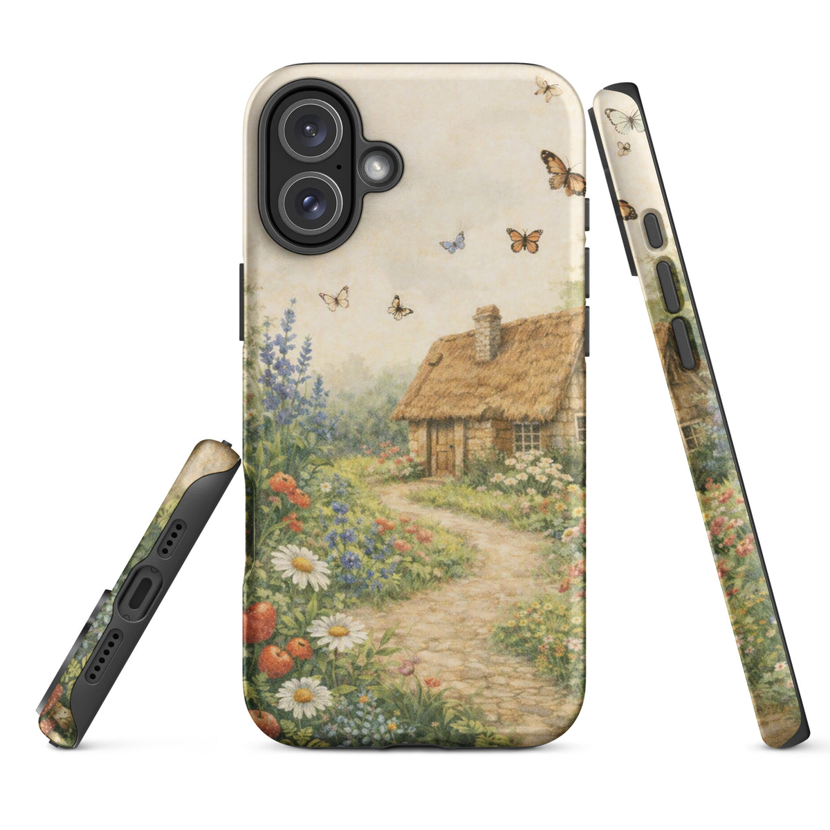 Phone Case with cottage garden art featuring a charming stone cottage, garden path, and colorful flowers, perfect for iPhone lovers.