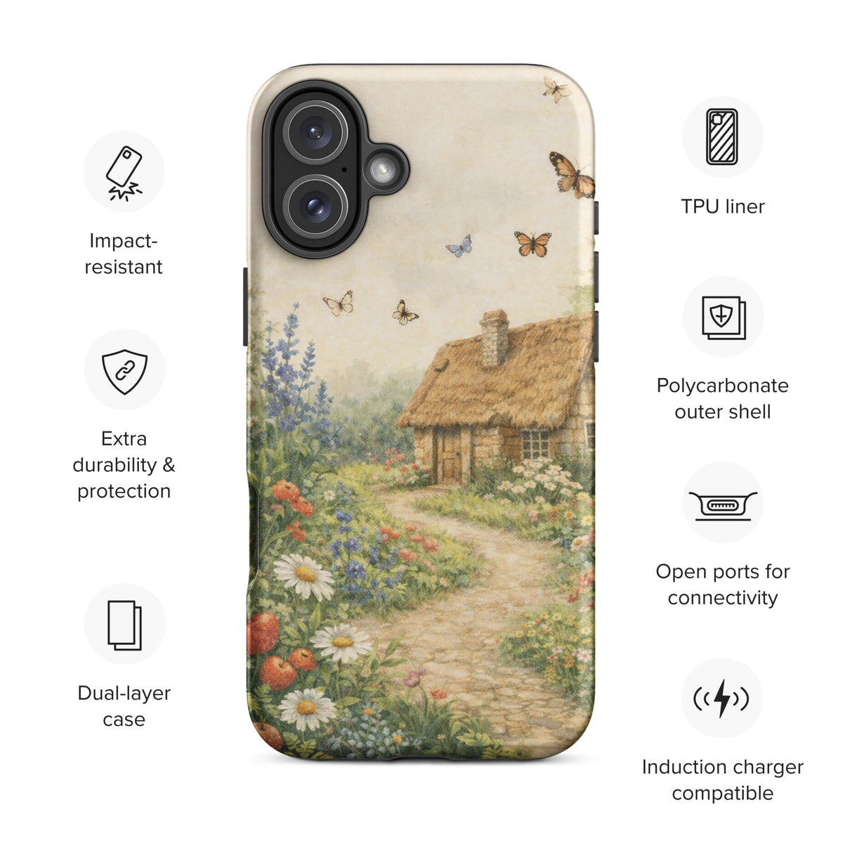 Phone Case for iPhone with cottage garden art, featuring a thatched-roof stone cottage, flowers, and butterflies. Perfect for nature lovers.