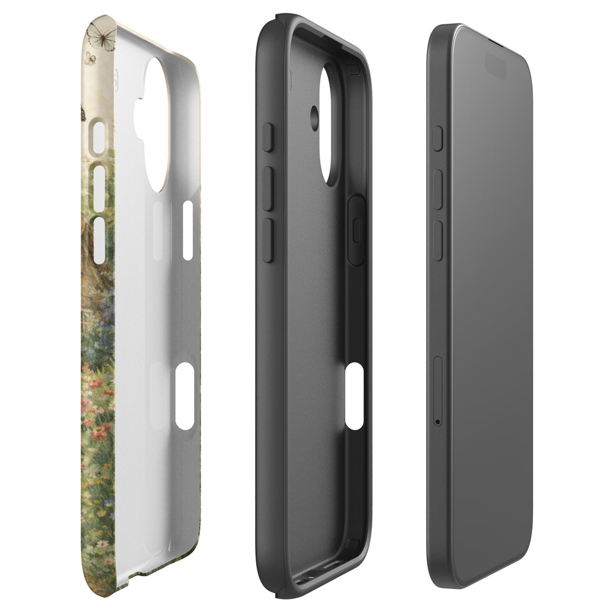 Phone Case for iPhone with Cottage Garden Art design, featuring a stone cottage and vibrant garden on a cream background.