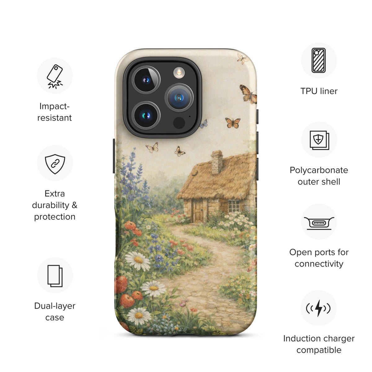 Phone Case for iPhone with cottage garden art design featuring daisies, a stone cottage, and butterflies on a cream background.