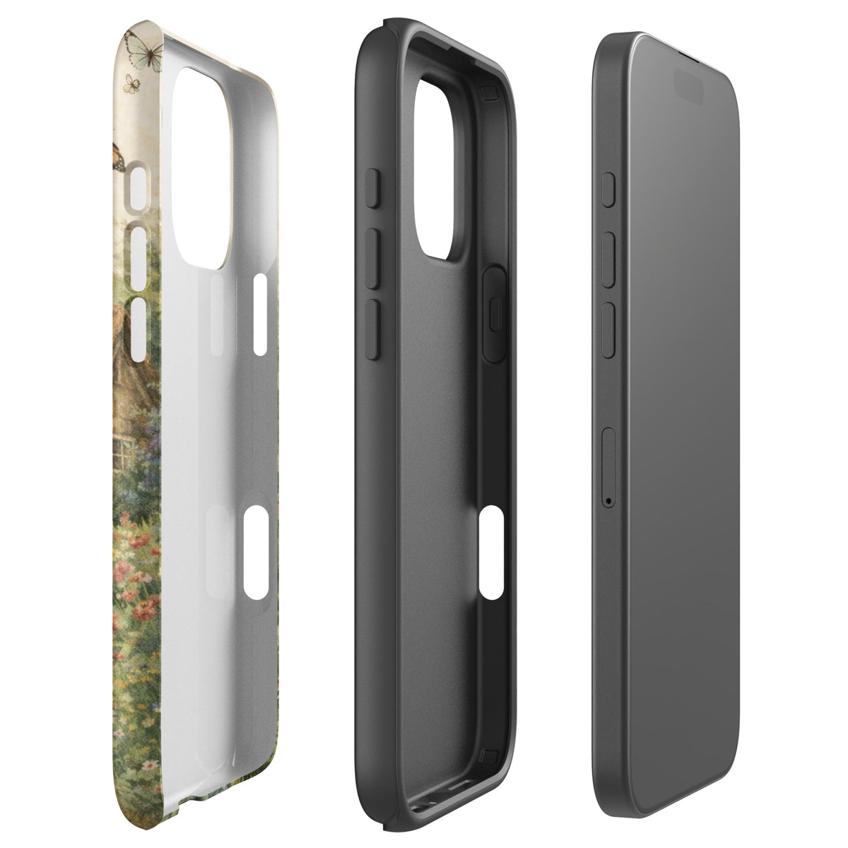 Phone Case for iPhone with cottage garden design, featuring a thatched-roof stone cottage and floral accents on a cream background.