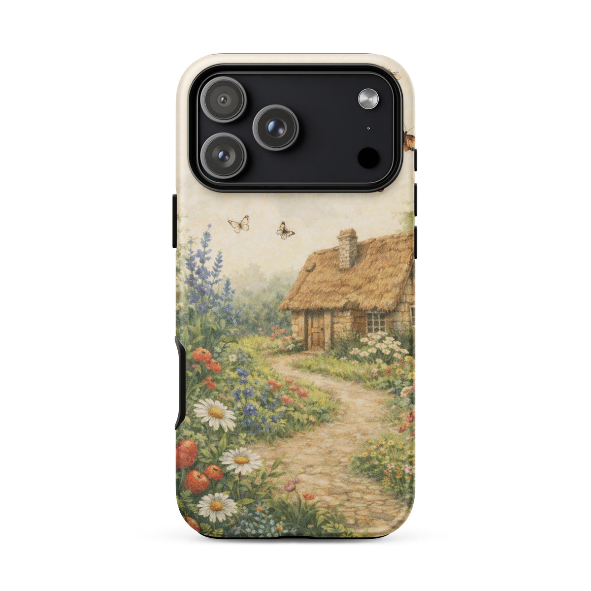 Phone Case with Cottage Garden Art featuring a thatched-roof cottage and flower garden.