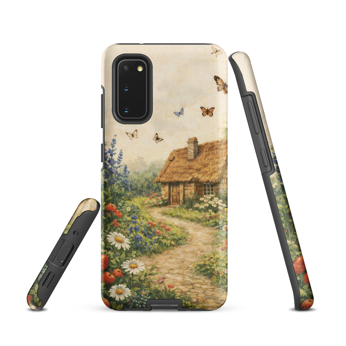 Phone Case for Samsung Galaxy with cottage garden art, featuring a thatched-roof cottage and floral design with daisies and poppies.