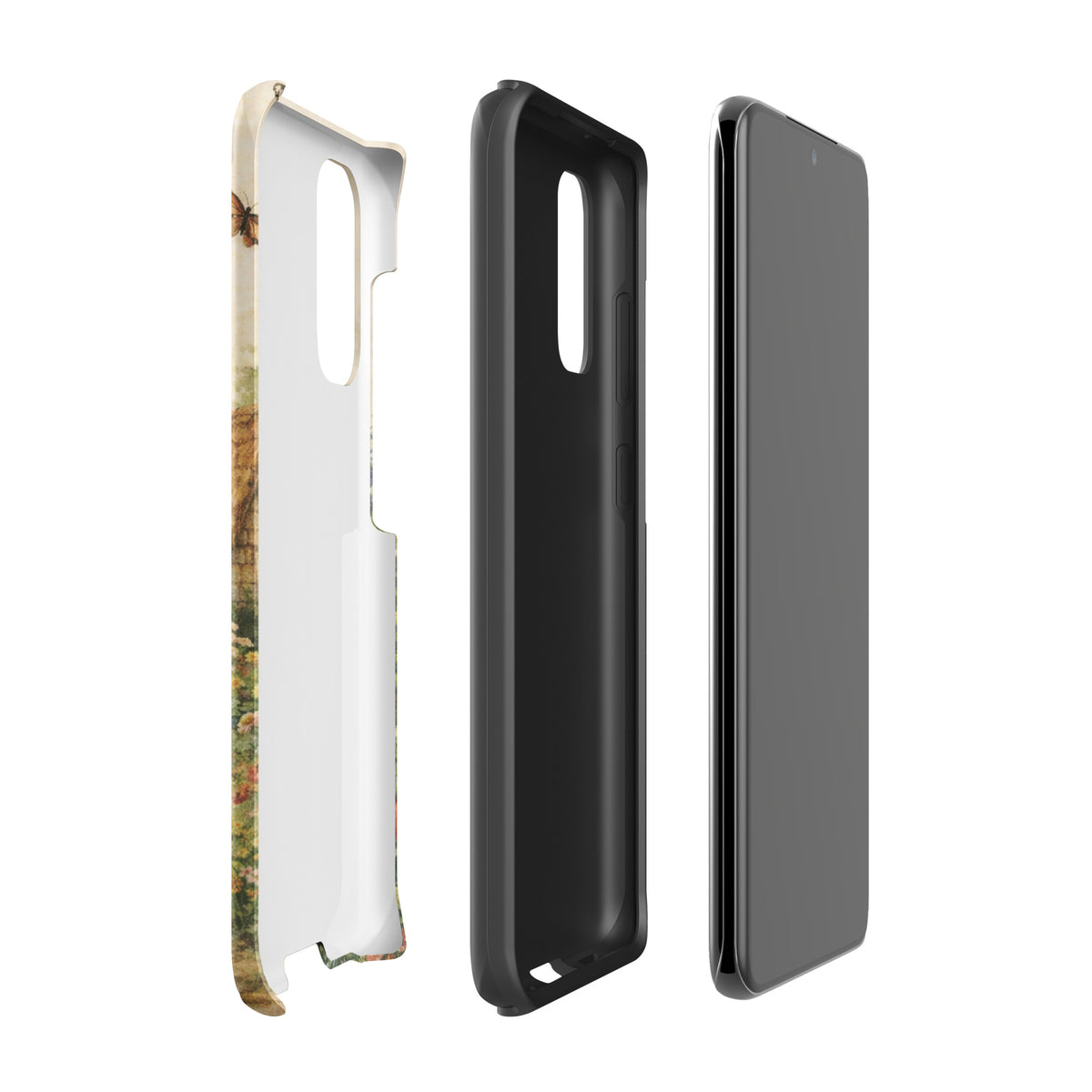 Disassembled Phone Case for Samsung Galaxy with Cottage Garden Art design showcasing a quaint stone cottage and floral details.