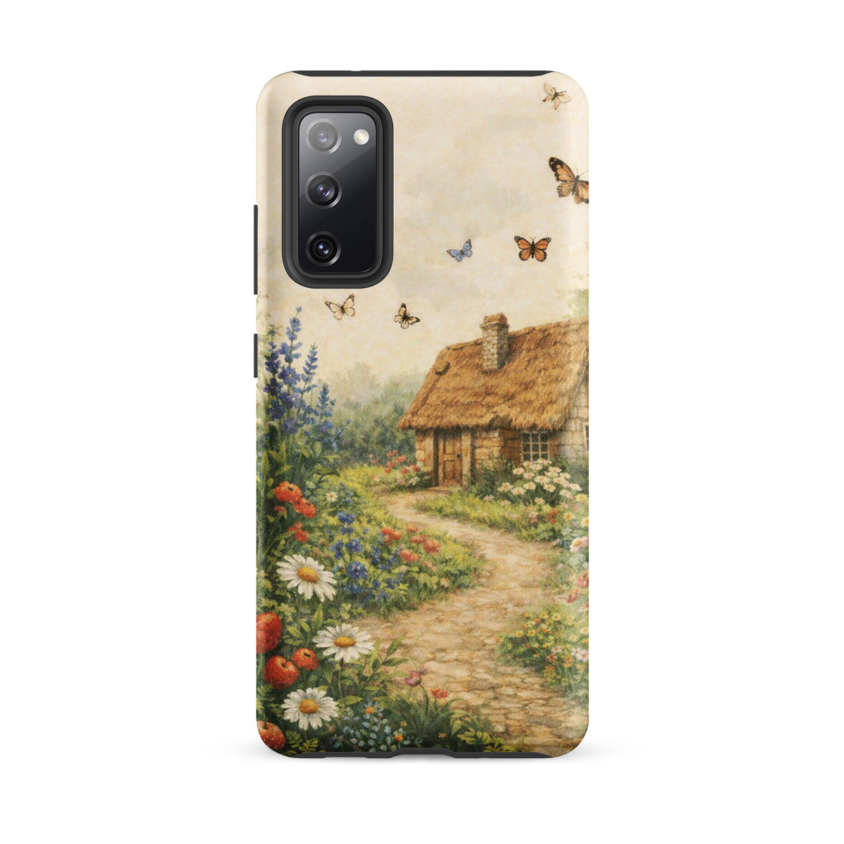 Phone Case with cottage garden art for Samsung Galaxy, featuring a quaint thatched-roof cottage amid a vibrant garden.