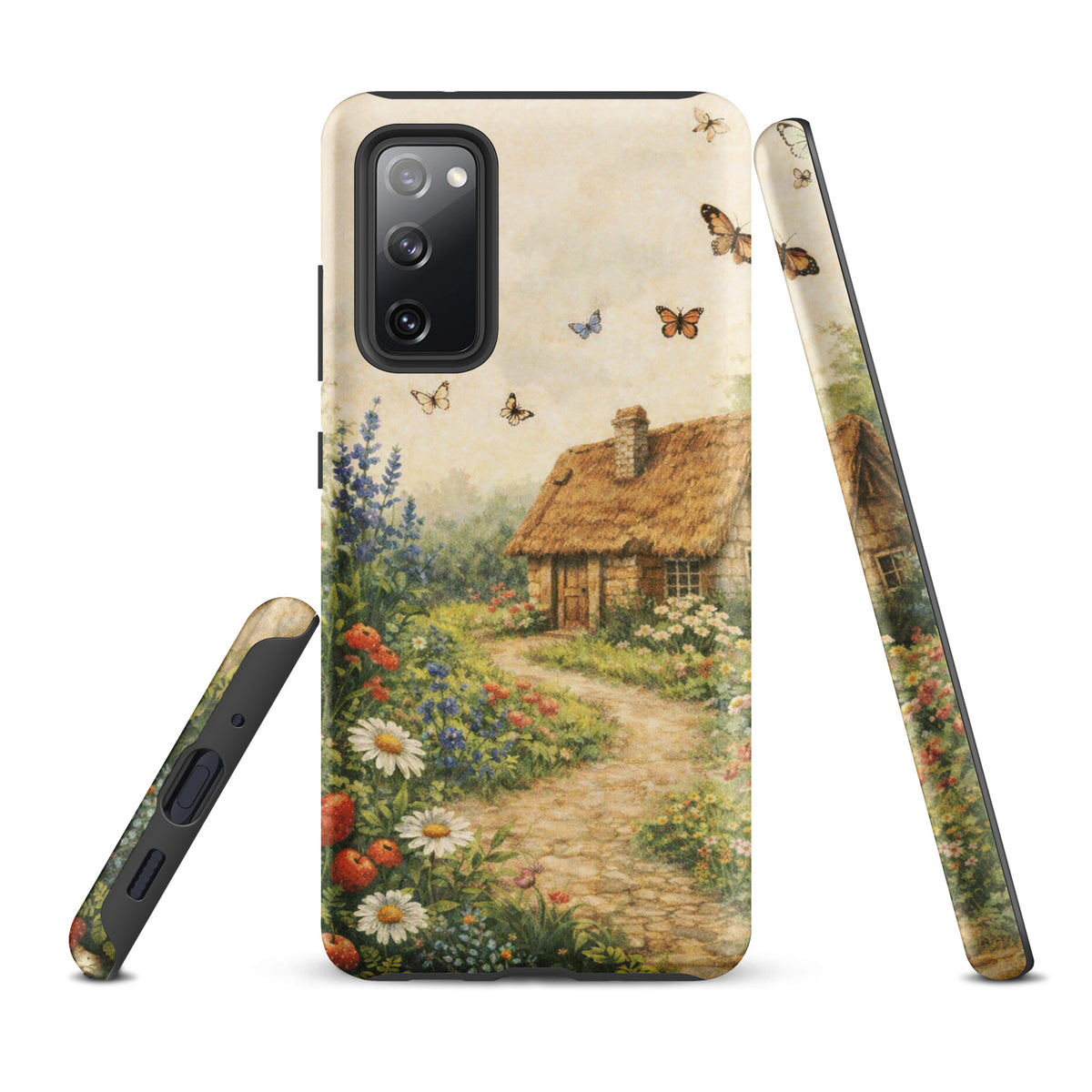 Phone Case for Samsung Galaxy with cottage garden art featuring a thatched-roof stone cottage, flowers, and butterflies on cream background.