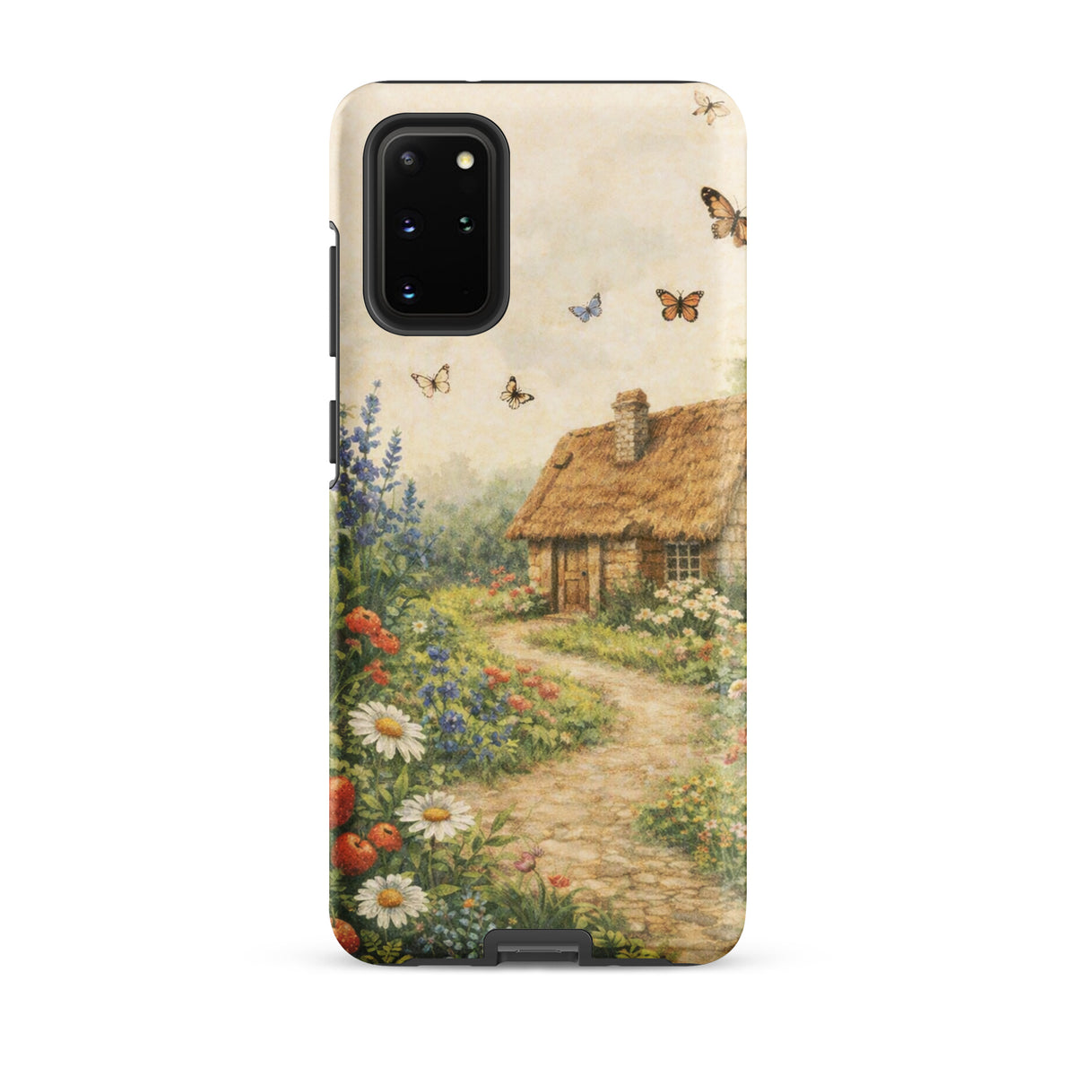 Phone Case for Samsung Galaxy with cottage garden art, featuring a thatched-roof stone cottage surrounded by a vibrant floral garden.