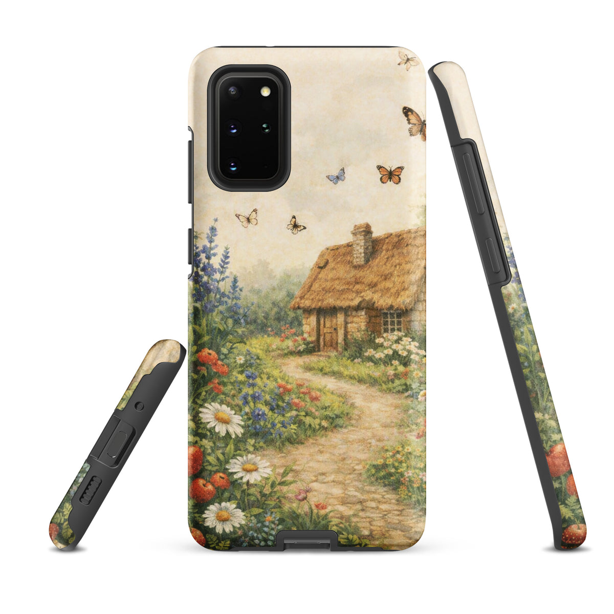 Phone Case for Samsung Galaxy with cottage garden art design featuring a thatched-roof cottage and floral garden.