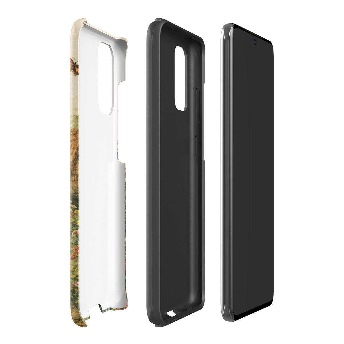 Phone Case for Samsung Galaxy with cottage garden art, featuring a charming cottage and vibrant garden on a cream background.