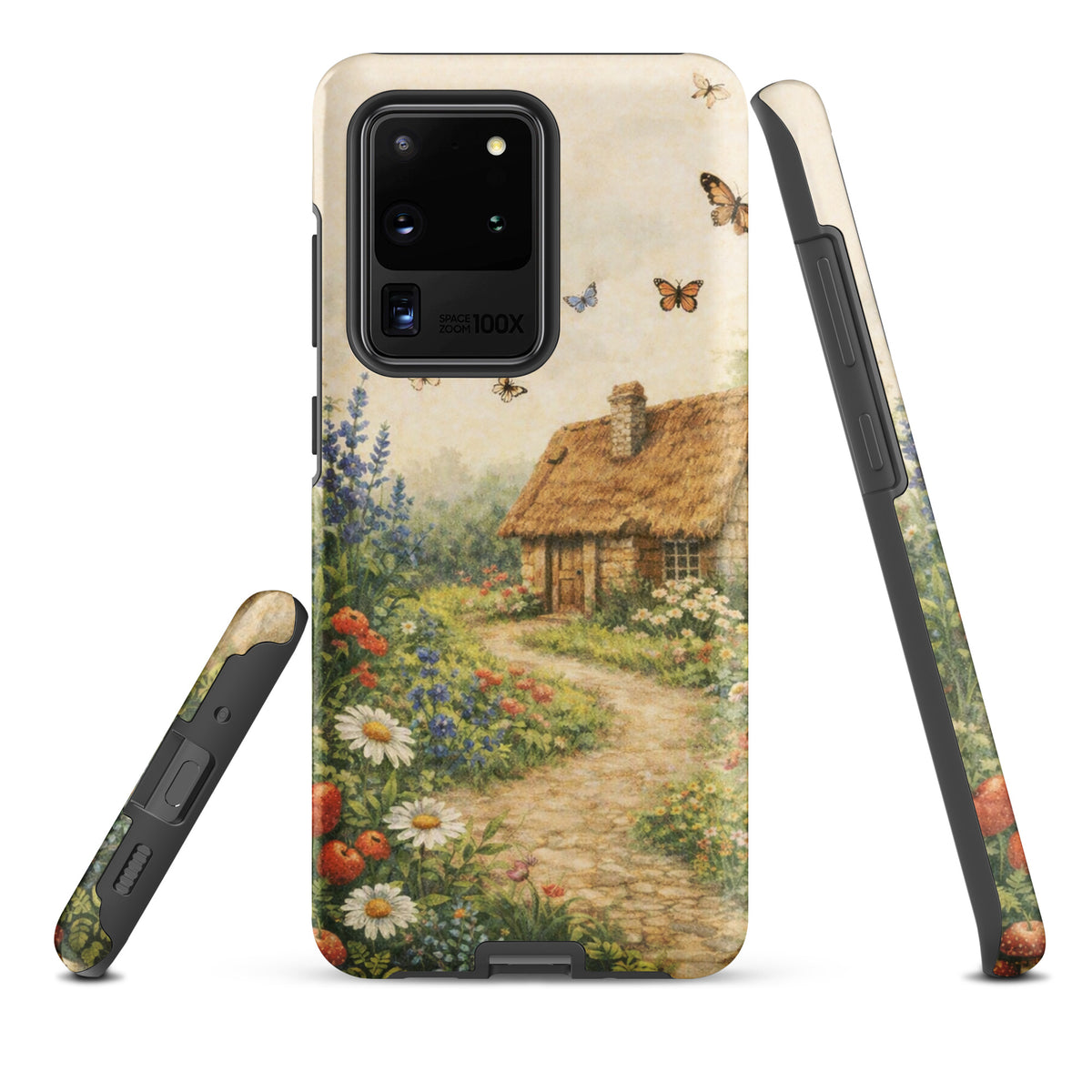 Phone Case with cozy cottage garden art for Samsung Galaxy, featuring daisies, poppies, and lavender on a cream background.