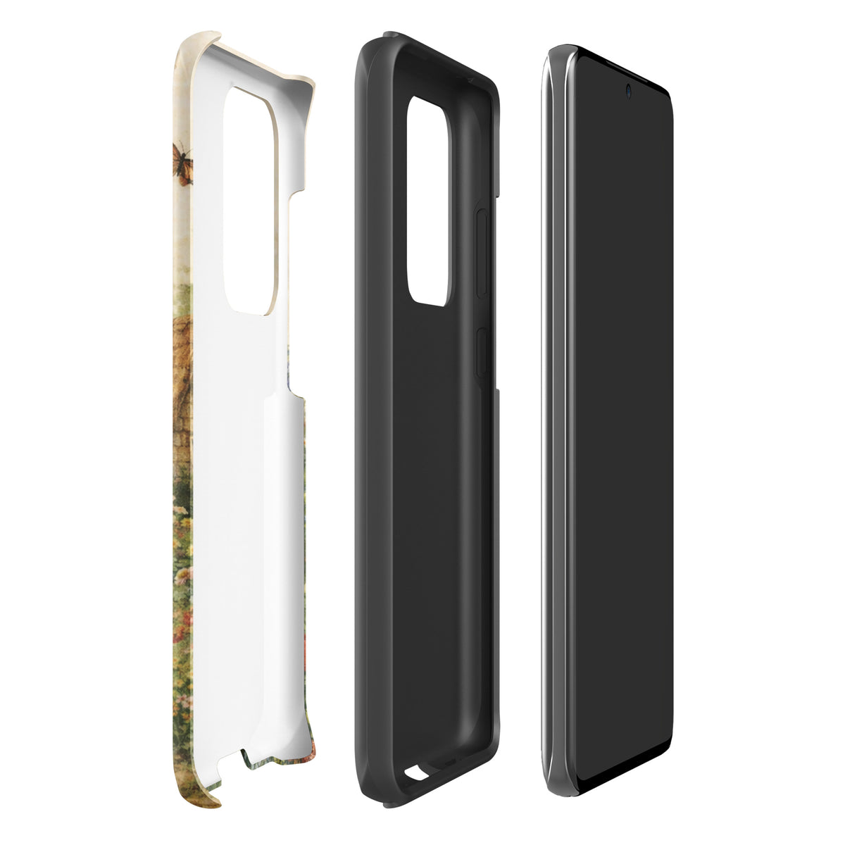 Phone Case for Samsung Galaxy with cottage garden art featuring a stone cottage and vibrant flowers on a cream background.