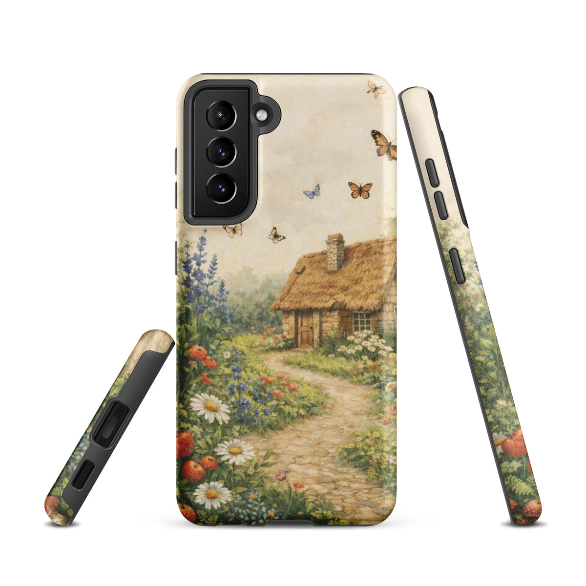 Phone Case for Samsung Galaxy featuring cottage garden art with a cozy stone cottage and vibrant floral garden on cream background.