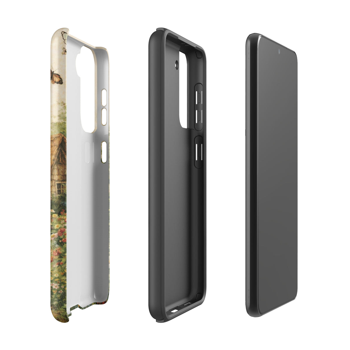 Phone Case for Samsung Galaxy with cottage garden art design featuring a picturesque stone cottage and vibrant flowers.