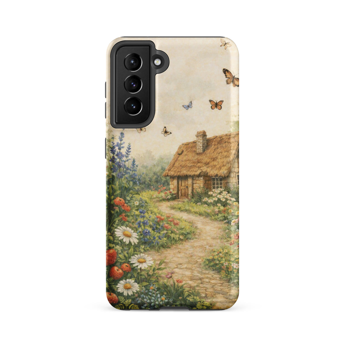Phone Case for Samsung Galaxy with cottage garden art, featuring a cozy thatched-roof cottage and thriving garden on cream background.