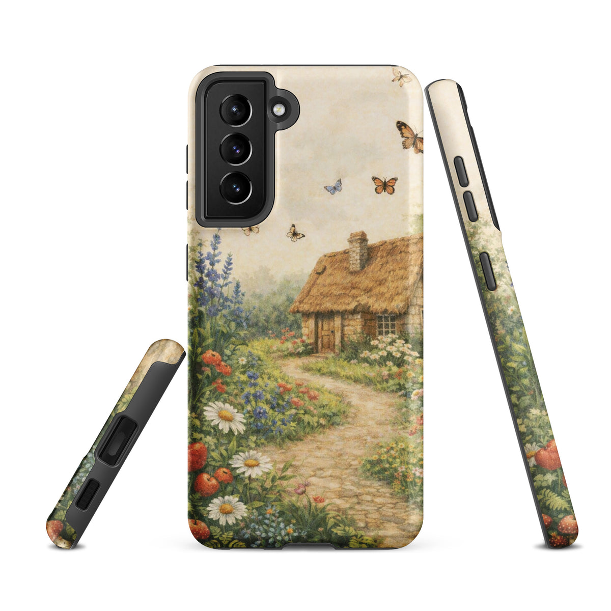Phone Case for Samsung Galaxy with cottage garden art design featuring stone cottage, daisies, poppies, and winding path.